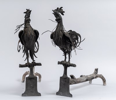 Lot 1083 - Pair of Cast and Sheet Iron Rooster Andirons