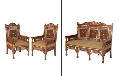 Lot 137 - North African Bone and Mother-of-Pearl Inlaid Settee and Pair of Armchairs