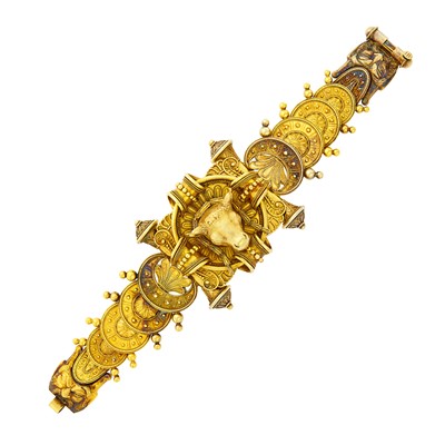 Lot 86 - Etruscan Revival Gold Bull’s Head Bracelet, Attributed to Ernesto Pierret