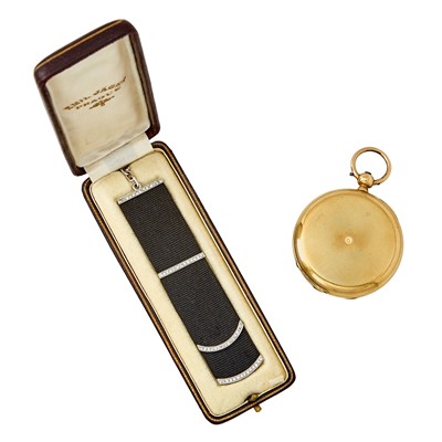 Lot 2218 - Gold Hunting Case Pocket Watch and Diamond Kriah Black Ribbon Pendant