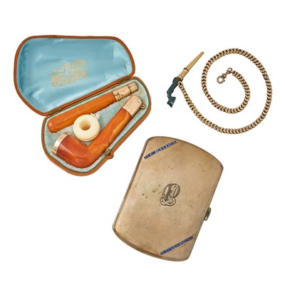 Lot 2287 - Rose Gold, Metal, Resin, Bloodstone and Sapphire Pipe, Watch Key Fob and Cigarette Case