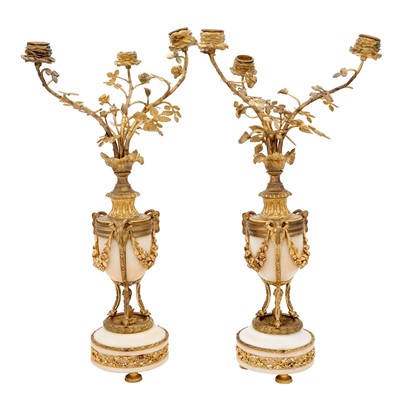 Lot 344 - Pair of Louis XVI Style Bronze and Marble Three-Light Candelabra