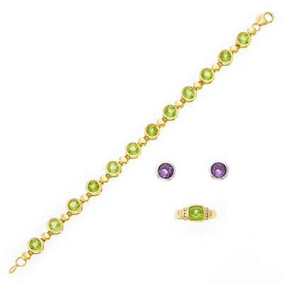 Lot 1244 - Gold and Peridot Bracelet and Ring and Pair of White Gold and Amethyst Stud Earrings