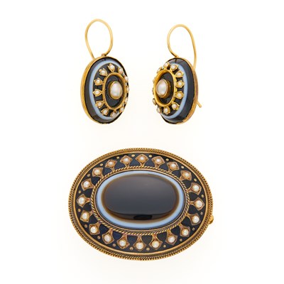 Lot 1170 - Antique Gold, Bull's Eye Agate, Enamel and Split Pearl Pendant-Brooch and Pair of Pendant-Earrings