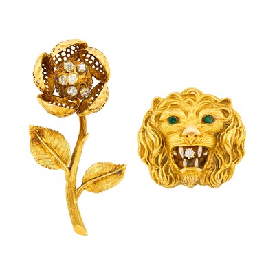 Lot 1305 - Tricolor Gold, Emerald and Diamond Lion Pendant-Brooch and 'En Tremblant' Flower Brooch