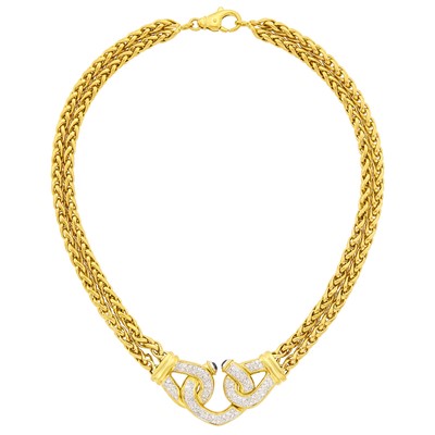 Lot 110 - Double Strand Two-Color Gold, Diamond and Cabochon Sapphire Chain Necklace
