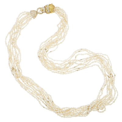 Lot 2148 - Nine Strand Freshwater Pearl Necklace with Gold and Diamond Dragon Clasp