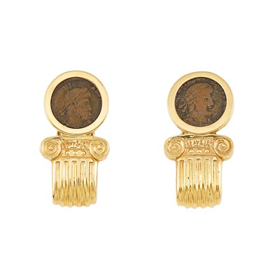 Lot 2246 - Pair of Gold and Coin Earclips