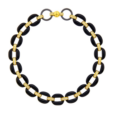 Lot 81 - Gold, Black Onyx and Diamond Link Necklace