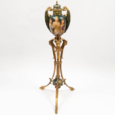 Lot 413 - Continental Gilt-Metal and Gilt and Polychrome Decorated Two-Handled Floor Vase and Cover