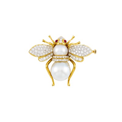 Lot 2005 - Two-Color Gold, Cultured Pearl, Diamond and Ruby Bee Pin