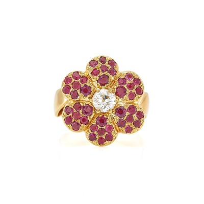 Lot 2184 - Gold, Ruby and Diamond Flower Ring