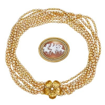 Lot 2079 - Eight Strand Brown Freshwater Pearl Necklace with Gold and Diamond Flower Clasp and Cameo Brooch