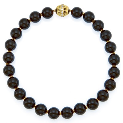 Lot 2024 - Black Onyx Bead Necklace with Gold and Diamond Clasp