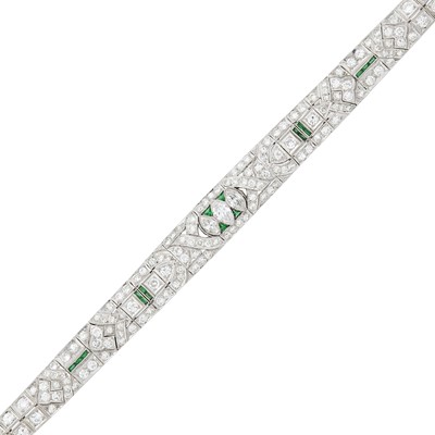 Lot 140 - Platinum, Diamond and Simulated Emerald Bracelet