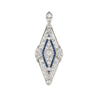 Lot 2092 - Platinum, White Gold, Diamond and Synthetic Sapphire Pendant-Brooch