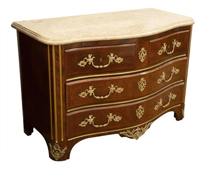 Lot 414 - Règence Style Gilt-Metal Mounted Marble Top Kingwood Commode