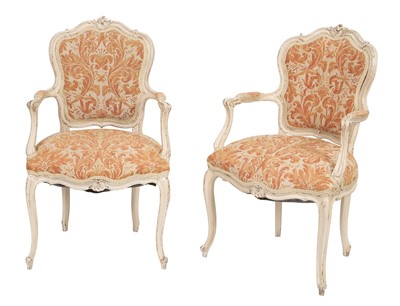 Lot 338 - Pair of Louis XV Style Painted Fortuny Upholstered Fauteuils