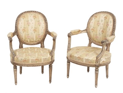 Lot 295 - Pair of Louis XVI Style Distress Painted Upholstered Fauteuils