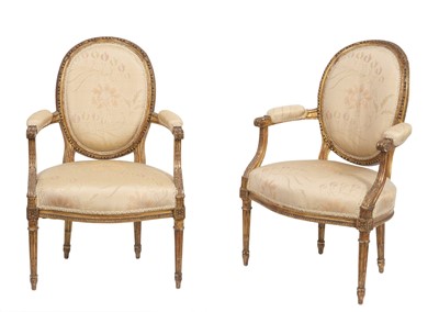 Lot 260 - Pair of Louis XVI Style Giltwood Upholstered Fauteuils