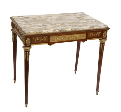 Lot 433 - Louis XVI Style Gilt-Metal Mounted Mahogany Rectangular Marble Top Small Writing Table