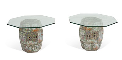 Lot 230 - Pair of Chinese Rose Medallion Porcelain Porcelain Hexagonal Garden Seats with Octagonal Glass Tops