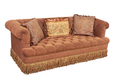Lot 233 - Rust Colored Button Tufted Chenille and Fringed Sofa