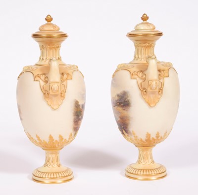 Lot 267 - Pair of Royal Worcester Porcelain 'Mumbles' Coastal Scene Two-Handled Garniture Vases and Covers