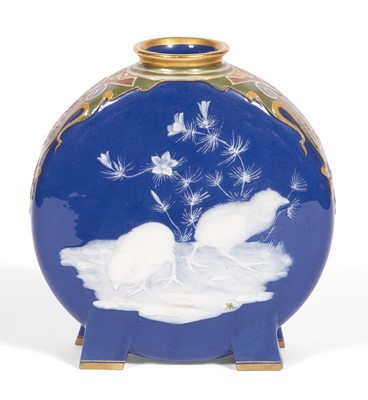 Lot 420 - Mintons Gilt, Enameled and Pâte-sur-Pâte Porcelain 'Moon Flask' Footed Vase