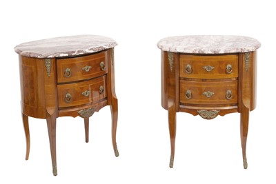 Lot 261 - Pair of Louis XV/XVI Transitional Style Marble Top Inlaid Satinwood Bedside Tables