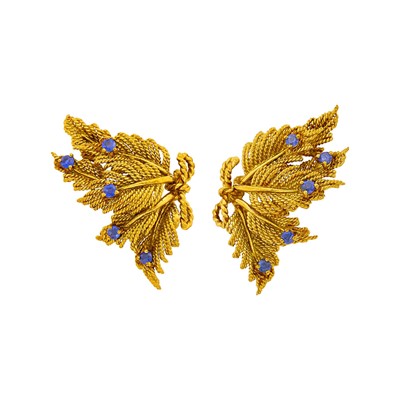 Lot 99 - Tiffany & Co. Pair of Gold and Sapphire Leaf Earclips