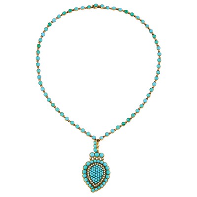 Lot 2035 - Antique Gold, Turquoise, Seed Pearl and Diamond Pendant-Necklace