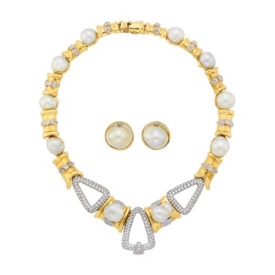 Lot 32 - Two-Color Gold, Baroque Cultured Pearl and Diamond Necklace and Pair of Mabé Pearl and Diamond Earclips