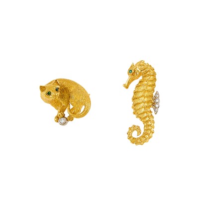 Lot 2164 - Tiffany & Co. Two Two-Color Gold, Emerald and Diamond Seahorse and Cat Pins