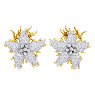 Lot 117 - Pair of Two-Color Gold and Diamond FlowerEarrings