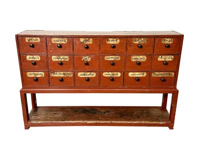 Lot 1067 - Red Painted Eighteen-drawer Apothecary or Spice Chest on Frame
