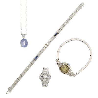 Lot 2106 - Group of White Gold, Platinum, Star Sapphire, Synthetic Sapphire and Diamond Jewelry