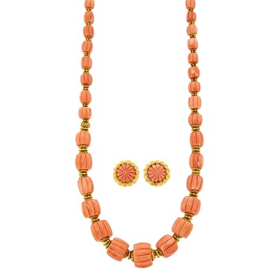 Lot 22 - Gold and Carved Coral Bead Necklace and Pair of Earclips