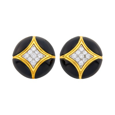 Lot 79 - Turi Pair of Two-Color Gold, Black Onyx and Diamond Earclips