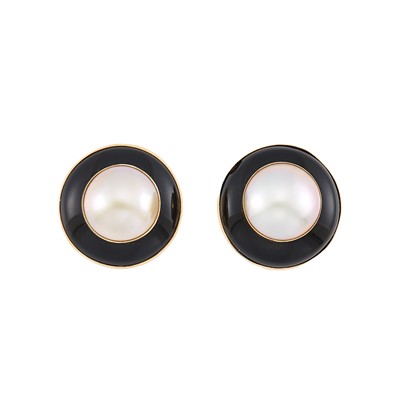 Lot 2249 - Pair of Gold, Mabé Pearl and Black Onyx Earrings