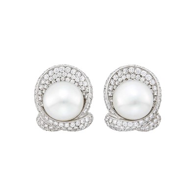 Lot 110 - Pair of Platinum, South Sea Cultured Button Pearl and Diamond Earclips