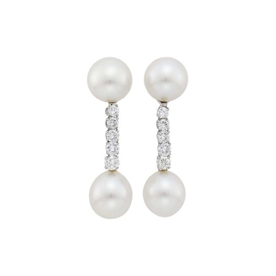 Lot 119 - Pair of White Gold, Cultured Pearl and Diamond Pendant-Earclips