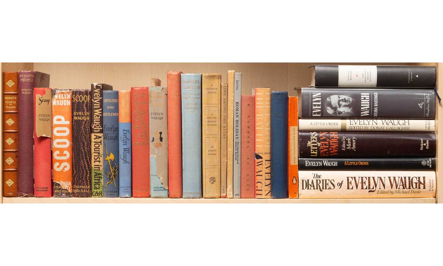 Lot 212 - A shelf of books by Evelyn Waugh, including a presentation copy and first editions
