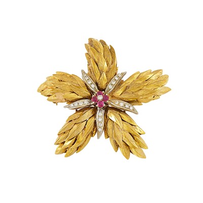 Lot 2132 - Tiffany & Co., Two-Color Gold, Ruby and Diamond Flower Brooch