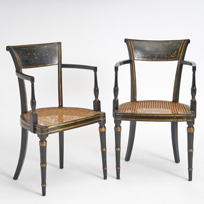 Lot 204 - Pair Regency Black Painted and Parcel-Gilt Armchairs