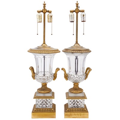 Lot 421 - Pair of Baccarat Style Bronze Mounted Glass Lamps