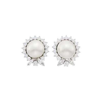 Lot 121 - Pair of White Gold, Mabé Pearl and Diamond Earclips