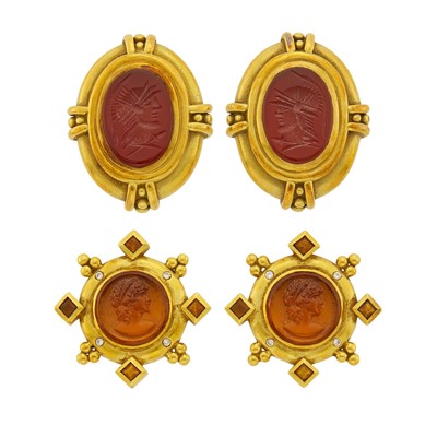 Lot 15 - Pair of Gold, Orange Glass Cameo, Citrine and Diamond Earclips and Vahe Naltchayan Gold and Carnelian Intaglio Earclips