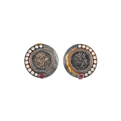 Lot 2232 - Pair of Gold, Bronze Coin, Ruby and Diamond Earclips