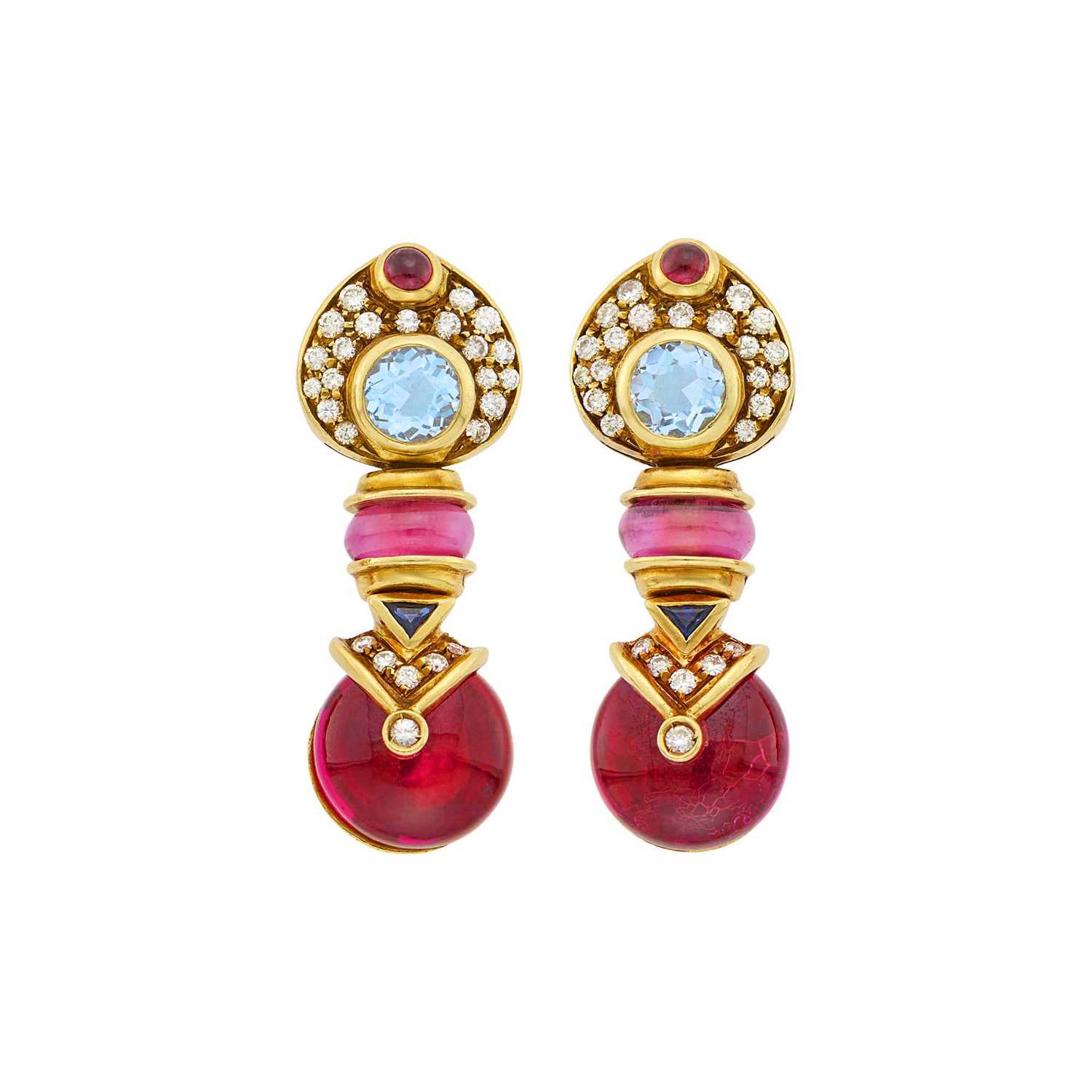 Lot 85 - Pair of Gold, Synthetic Ruby Bead, Blue Topaz, Sapphire and Diamond Pendant-Earclips